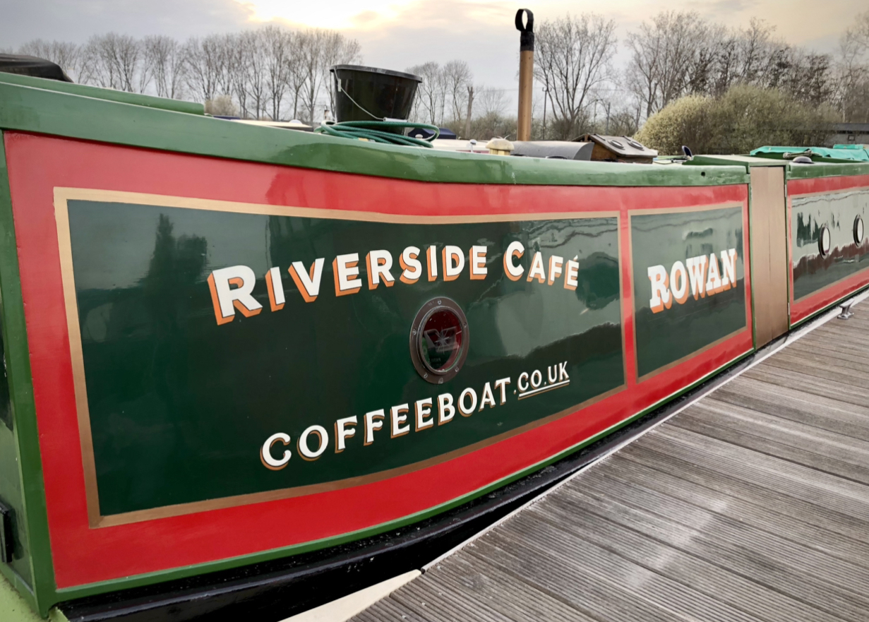 Traditional canal boat signage - "Roving Rowan"